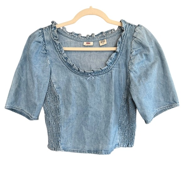 Levi’s Louise Puff Sleeve Crop Blouse Light Denim Blue Small Western Cottagecore - Picture 1 of 5